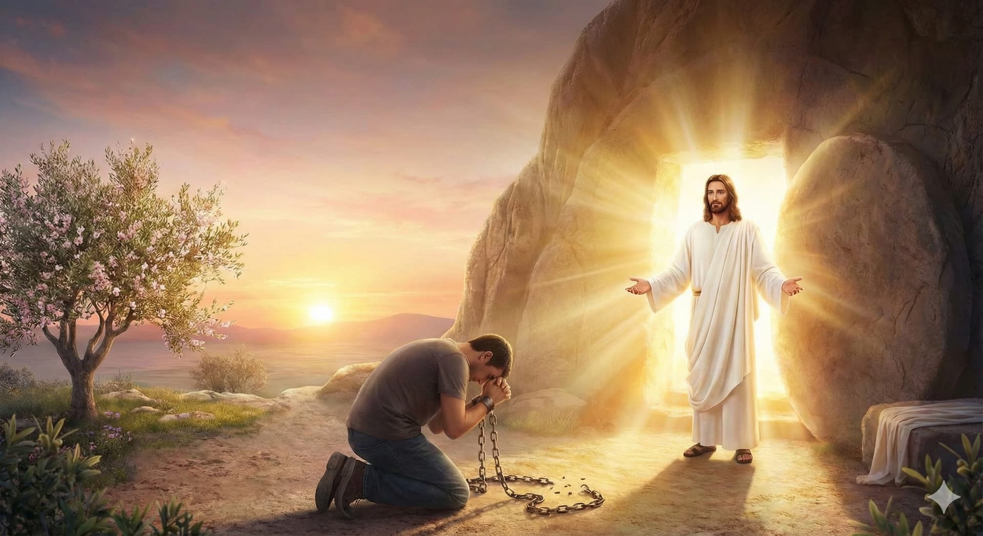 Jesus going out of the tomb in front of a kneeled man